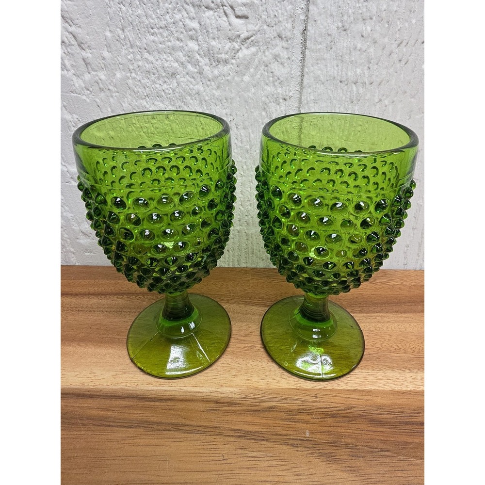 Vtg Fenton Green Hobnail Water Globet Set Of 2 Wine Cup Glass - Picture 3 of 6